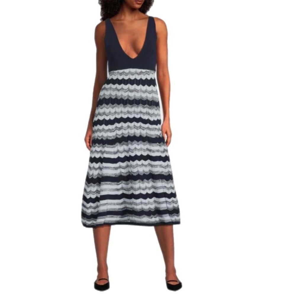 NWT Ramy Brook Micah Chevron Pattern Knit Midi Dress in navy blue + white.  Size